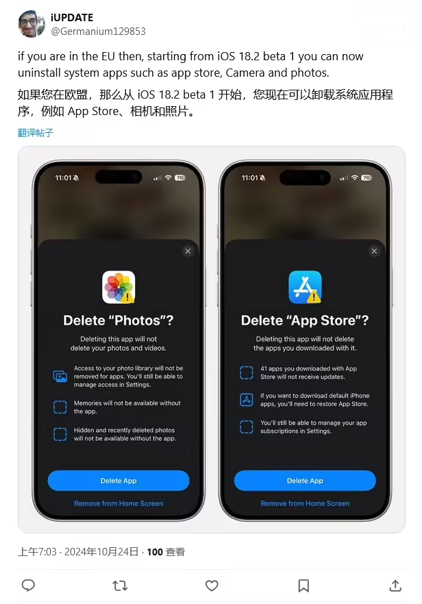 抚州苹果手机维修分享iOS 18.2 支持删除 App Store 应用商店 