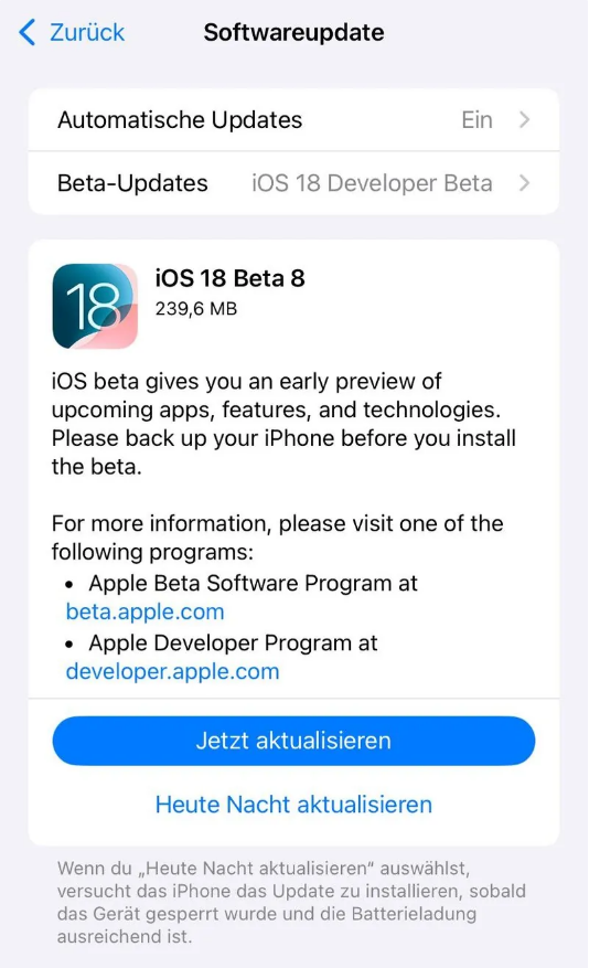 抚州苹果手机维修分享苹果 iOS / iPadOS 18 开发者预览版 Beta 8 发布 